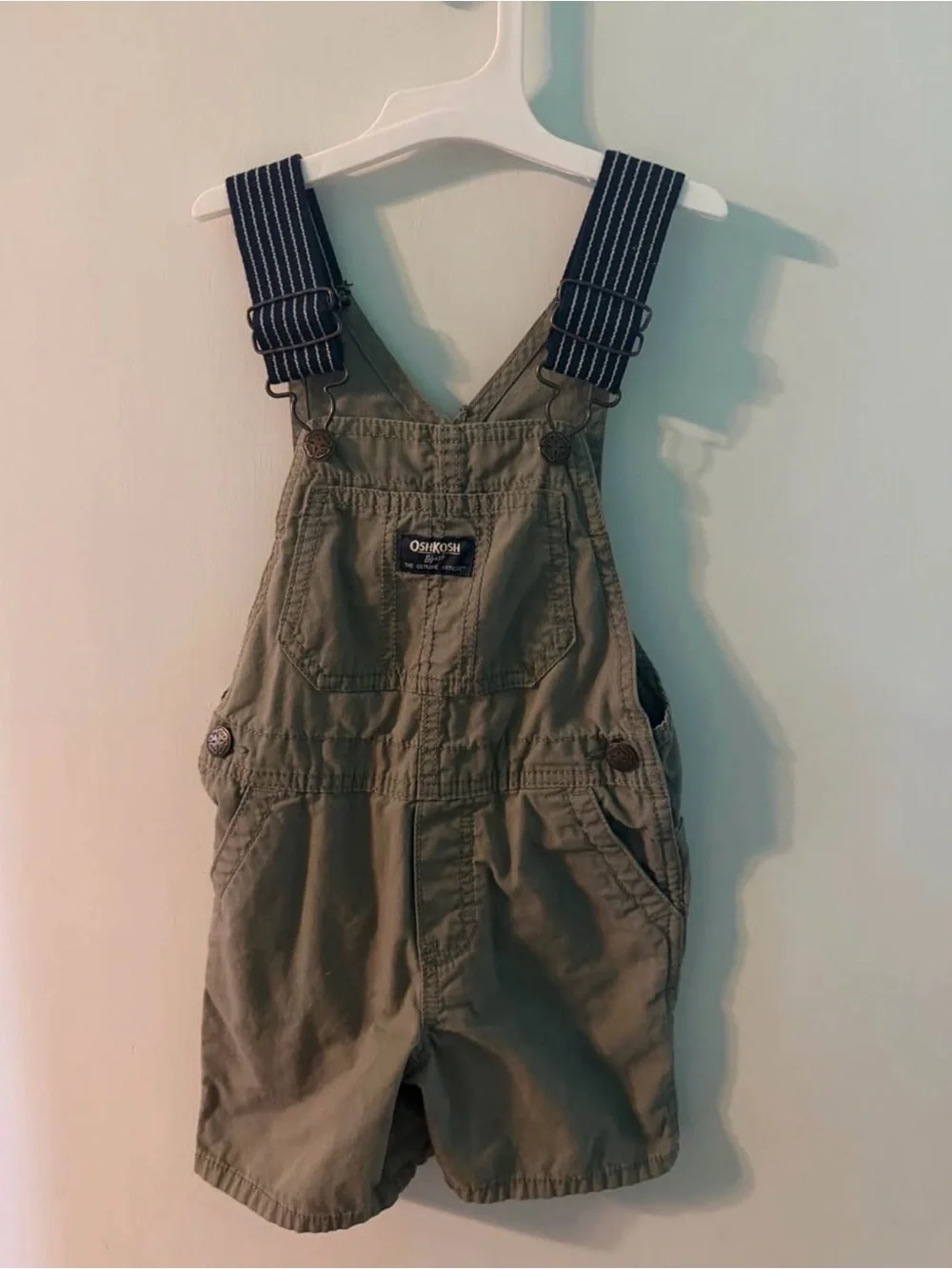 OshKosh B'gosh Olive Green Short Overalls with Navy Striped Straps